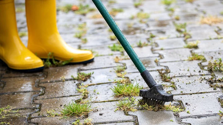 Eine Person entfernt mit einer Fugenbürste Unkraut und Moos zwischen nassen Pflastersteinen. Im Hintergrund sind gelbe Gummistiefel zu sehen.
