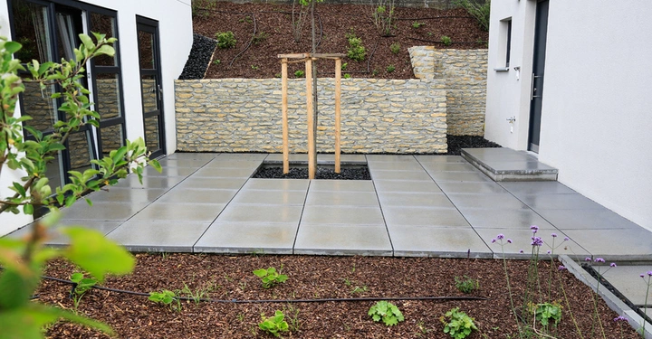 Zwei Holzpfähle stützen einen kleinen Baum auf einer modernen Steinplatte vor einer weißen Hauswand mit Steinmauer und bepflanztem Hang im Hintergrund.