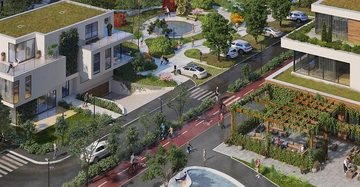 Moderne mehrstöckige Gebäude mit begrünten Dächern und Balkonen stehen entlang einer Straße mit Fahrradspur Fußgänger und Radfahrer bewegen sich durch eine grüne parkähnliche Umgebung mit Bäumen und Sitzgelegenheiten.