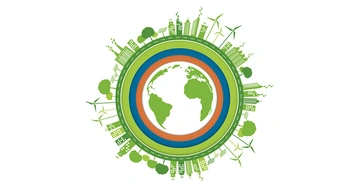 Erde in der Mitte zeigt Kontinente umgeben von farbigen Kreisen grün blau orange Umrahmung durch grüne Stadtlandschaft mit Bäumen Windturbinen und Gebäuden auf einer kreisförmigen Straße