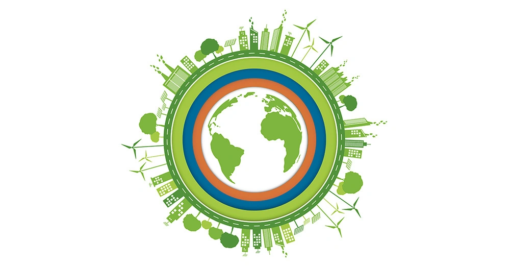 Erde in der Mitte zeigt Kontinente umgeben von farbigen Kreisen grün blau orange Umrahmung durch grüne Stadtlandschaft mit Bäumen Windturbinen und Gebäuden auf einer kreisförmigen Straße
