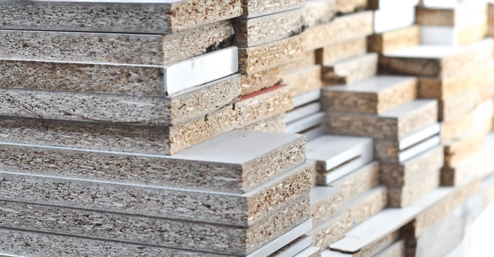 Holzplatten sind gestapelt ohne sichtbare Textaufschriften in einem industriellen Lager oder Werkstatt.