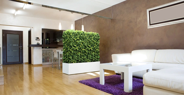 Ein weißes Sofa steht vor einer braunen Wand in einem Wohnzimmer neben einem Couchtisch auf violettem Teppich großer Raum mit Holzfußboden dekorativen Pflanzen und moderner Beleuchtung an der Decke.