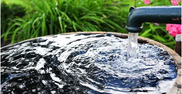 Wasserstelle in Garten: Brunnen führt Wasser in Tonne