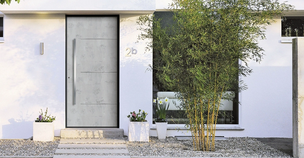 Graue Haustür steht auf grauem Steinweg vor weißem Gebäude Nummer 2b Vor der Tür und Fenstern sind Blumen und Sträucher gepflanzt.