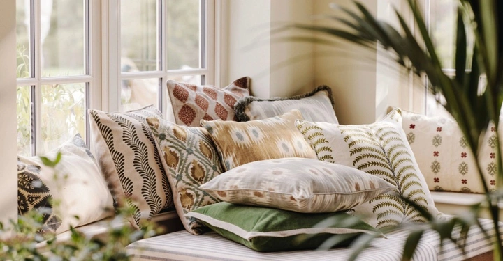 Gemütliche Fensternische mit vielen Kissen in Naturtönen wie Grün, Ocker und Terrakotta. Die Kissen zeigen dekorative Farn- und Ikat-Muster. Helles Tageslicht fällt durch das Fenster, im Vordergrund sind grüne Zimmerpflanzen zu sehen.