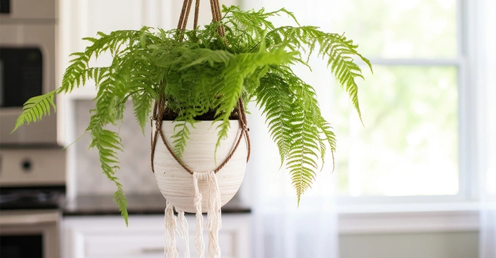 Galerie-Bild 8: Ein hellgrüner Farn hängt in einem weißen Hängetopf von der Decke.