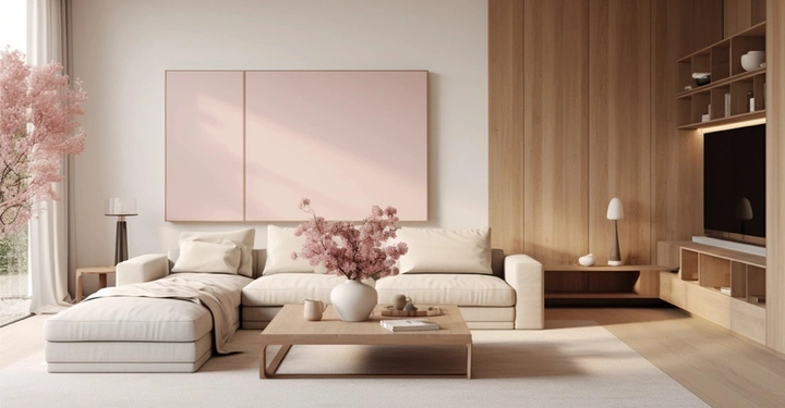 Wohnzimmer in pastelligen Farben, Rosa, Beige und Moccha Mousse. Große Eckcouch in Offwhite, rechts im Bild ein TV-Gerät. Dahinter an der Wand ein großes rosafarbenes Bild