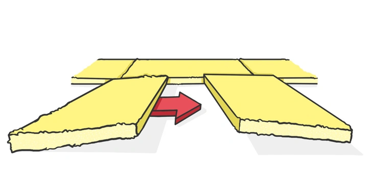 Drei gelbe rechteckige Schaumstoffstücke werden durch einen roten Pfeil in einen quadratischen Rahmen geschoben. Die Teile sind in einer Montageumgebung angeordnet.