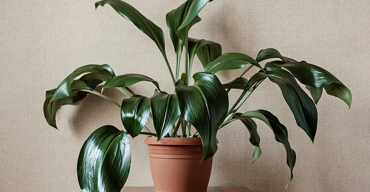 Ausladende Schusterpalme vor lehmiger Wand