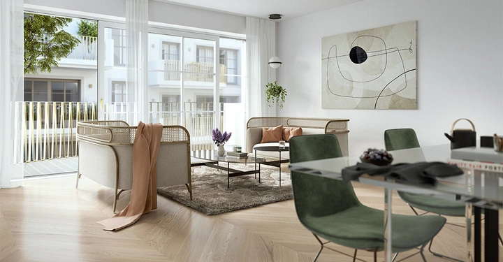 Sessel im modernen Wohnzimmer sitzen auf Teppichkuscheldecke mit Kunstwerk an der Wand und Pflanzen vor großen Fenstern Terrasse draußen essbarer Tisch mit grünen Stühlen und Büchern darauf.