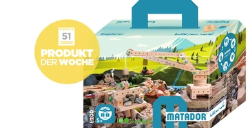 Holzbauset Kranarm Konstruktion Steinlandschaft Verpackung mit Tragegriff Aufschrift 51 PRODUKT DER WOCHE E200 5+ 100% Disynature MATADOR build your world Matador Circle