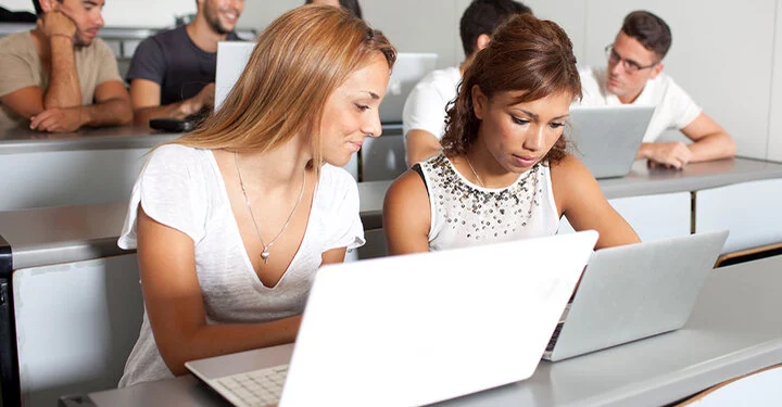mehrere junge Menschen in sommerlicher Kleidung sitzen vor Laptops in einem Hörsaal.