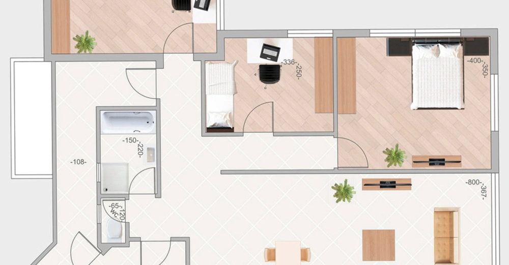 Grundriss zeigt drei Schlafzimmer jedes mit Bett und Schreibtisch Wohnzimmer mit Sofa und TV-Schrank Essbereich mit Tisch und Stühlen Badewanne in Badezimmer Küche mit Herd und Spüle mehrere Pflanzen im Raum