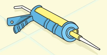 Eine blaue und gelbe Kartuschenpistole liegt auf einem hellen, gefliesten Boden, bereit zur Anwendung.