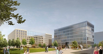 Mehrstöckige Bürogebäude mit Glasfassaden stehen im Vordergrund mit Menschen, die sich in einem bepflanzten öffentlichen Bereich mit Gehweg und Rasenflächen bewegen.