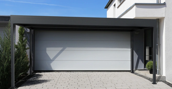 Garagentor ist geschlossen vor modernem Wohnhaus flache Einfahrt mit hellen Pflastersteinen zwei grüne Nadelbäume links daneben rechts ein kleiner runder Busch in einem schwarzen Topf.