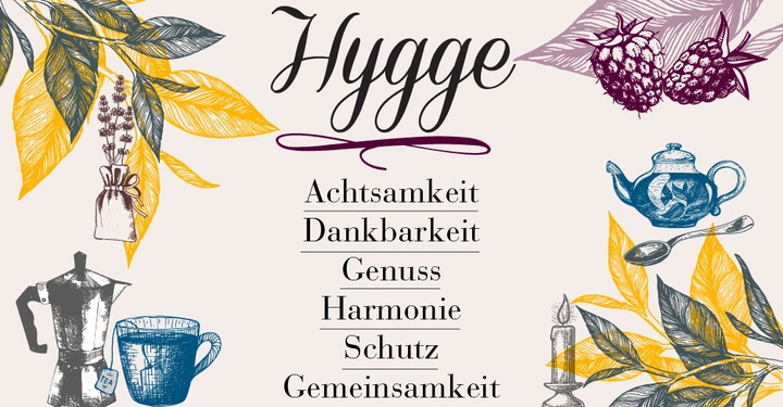 Große Schriftzug Hygge oben Mitte Illustrationen von Blättern Teekanne Kaffeekanne Tasse Kerze und Beeren Achtsamkeit Dankbarkeit Genuss Harmonie Schutz und Gemeinschaftlichkeit sind aufgelistet.