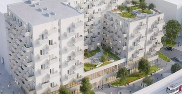 Wohnkomplex mit Balkonen Menschen genießen Aktivitäten auf Balkonen und im Innenhof Stadtumgebung mit Gehwegen und moderner Architektur