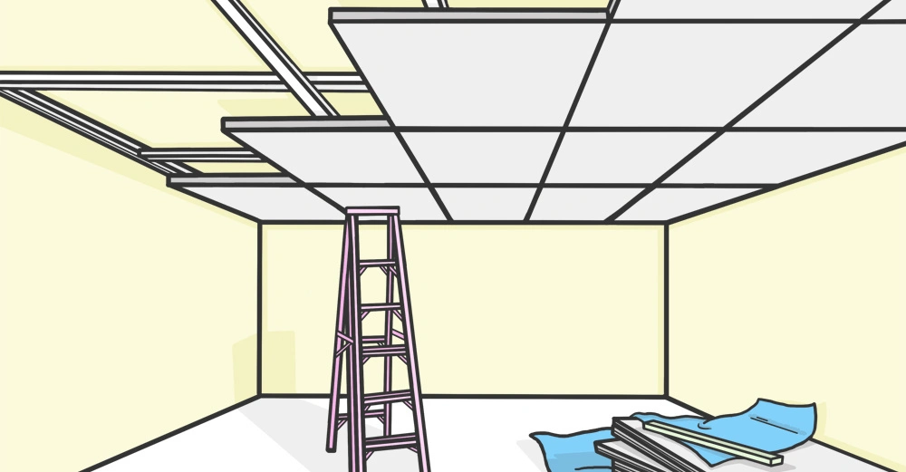 Scribble eines Kellerraumes mit Stehleiter und Dämmplatten an der Seite, Teile der Kellerdecke bereits gedämmt