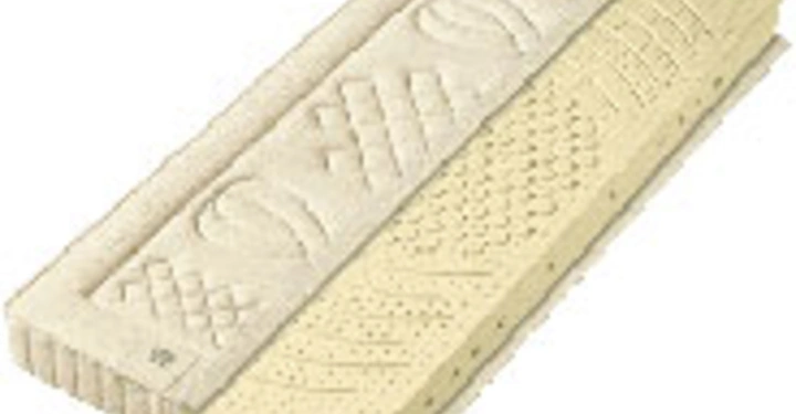 Rechteckige Matratze zweifarbig in Creme und Beige liegt auf einer flachen Oberfläche Textur mit geometrischen Mustern versehen.