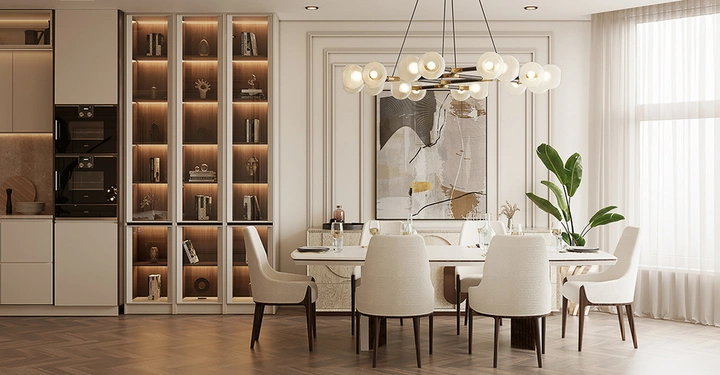 Galerie-Bild 3: Luxuriöses Esszimmer-Design mit beleuchteter Vitrine und modernen Leuchten in warmen Weißtönen inspiriert vom Pantone Trend Cloud Dancer 11-4201.