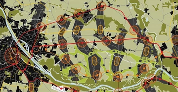 Karte mit schwarzen Gebäuden und Straßennetzen, beiges und grünes Gelände zeigt, rote Kreise und Linien verbinden mehrere Punkte das Umfeld mit Flüssen und Hügeln durchzogen.