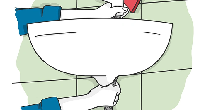 Hand zieht Wasserhahn nach oben grüner gefliester Hintergrund