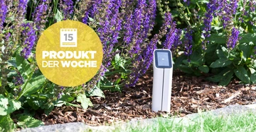 Ein weißes, rechteckiges Gerät steht auf dem Boden in einem Garten mit lila Blumen Text: 15 PRODUKT DER WOCHE