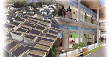 Rendering zeigt modernes Viertel mit Solarzellen-Dächern. Menschen flanieren auf zweistöckigem Einkaufszentrum mit Schildern wie BLAUE LAGUNE und HOLZ EXPERT. Im Hintergrund Wohnhäuser und üppige Vegetation.