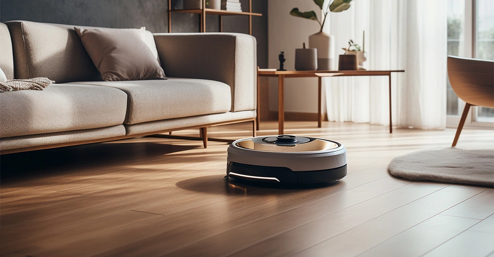 Saugroboter reinigt Holzboden im modernen Wohnzimmer neben einem Sofa mit Kissen einem Tisch mit Pflanzen und großen Fenstern mit hellem Vorhang im Hintergrund