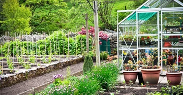 Ein Gewächshaus mit Pflanzen steht neben einem bepflanzten Garten mit Blumen und Gemüsebeeten umgeben von grünen Bäumen und Sträuchern im Freien.