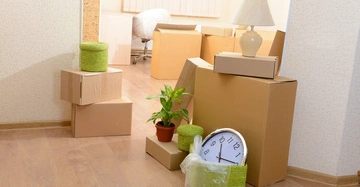 Pappkartons und Haushaltsgegenstände wie Pflanzen, eine Lampe und eine Uhr stehen in einem leeren Raum auf einem Holzboden und vor einer beige Tapete und Fenstern mit Jalousien.