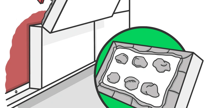 Ein rechteckiger Steinblock hebt sich von einer Wand ab Pfeil zeigt die Richtung sechs kleinere Steine liegen auf einer weißen Unterlage in einem grünen Kreis