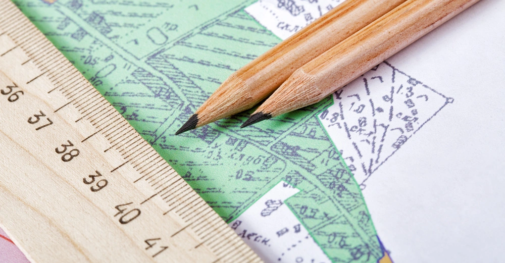 Holzlineal und zwei Bleistifte liegen auf einer technischen Landkarte. Die Karte zeigt verschiedene, farblich hervorgehobene Grundstücksflächen und enthält numerische Markierungen. Das Lineal misst in Zentimetern.