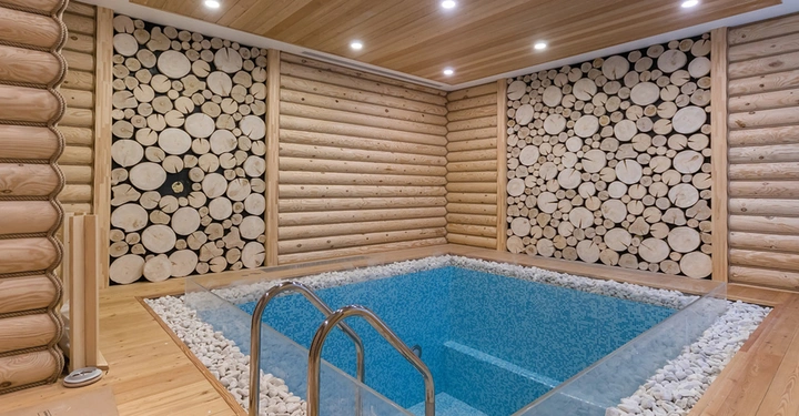 kleiner Indoorpool mit wunderschön gestalteten Steinwänden und Deckenspots. Pool mit Einstiegstreppe und noch ohne Wasser.