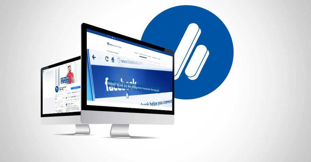 Zwei iMacs zeigen Facebook-Seiten ein blauer Kreis mit einem weißen doppelten Balken-Symbol rechts im Hintergrund. Text: Starten Sie mit uns Ihre erfolgreiche Facebook-Kampagne.