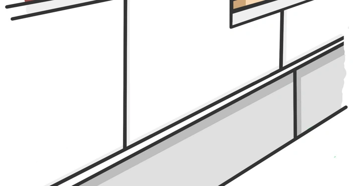 Fensterrahmen Einschnitt Ziegelwand Fachwerk Aufbau Architektur Diagramm zeigt den Bau eines Fensters in einer Wandstruktur mit roten Ziegeln oben und grauen Fundamentsteinen unten