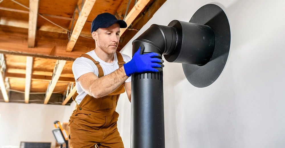 Handwerker in brauner Arbeitsmontur und schwarzem Kappi montiert schwarzes Kaminrohr in Wohnzimmer. Holzdecke noch unverkleidet. 