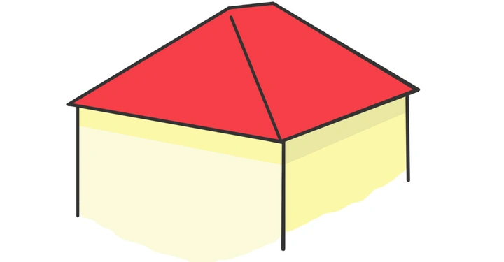 Haus mit rotem Dach und gelben Wänden steht allein auf weißem Hintergrund.