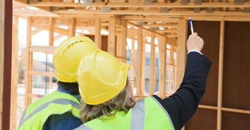 Zwei Personen mit gelben Schutzhelmen und Warnwesten zeigen auf einen Rohbau aus Holz. Die Konstruktion besteht aus Holzbalken und befindet sich im Freien.