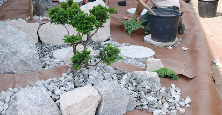 Männer pflanzen eine grüne Pflanze in einem Garten, der mit großen Steinen und Kieselsteinen dekoriert ist, auf brauner Gewebeplane
