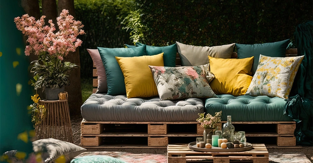 DIY Holzmöbel mit weichen Kissen stehen in einem Garten unter Bäumen und Blumen dekoriert mit Kerzen und Vasen auf einem Tisch links rosa blühende Pflanze neben Sofa