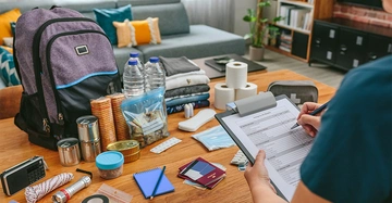 Person überprüft eine Liste neben Notvorräten auf einem Tisch vorbereitet in einem Wohnzimmer. Vorräte umfassen Rucksack Konservendosen Flaschen Wasser Klopapier Taschenlampe und Medikamente. Text auf der Liste: Emergency Kit Checklist.