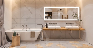 Modernes im Skandi-Stil eingerichtetes mit warmen Licht beleuchtetes Arbeitszimmer