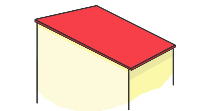 Ein gelbes rechteckiges Gebäude mit einem roten Dach steht in einer einfachen Umgebung ohne erkennbare Details.