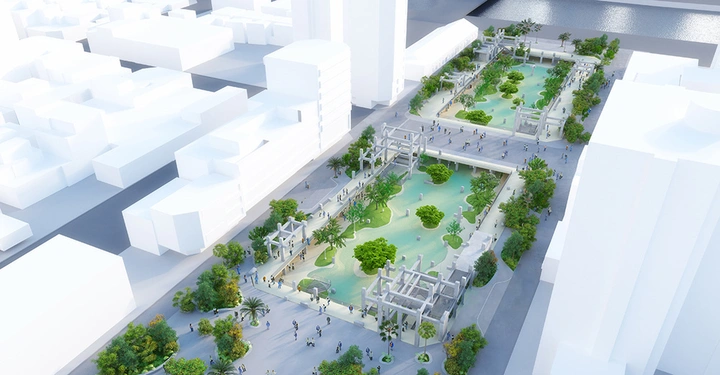 Park mit grünen Bäumen und Wegen zwischen Gebäuden Personengruppen spazieren umgeben von Wasserflächen und Pavillons modernes städtisches Umfeld mit Fußgängerwegen und Hochhäusern im Hintergrund.