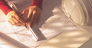 großer Grundrissplan liegt auf Tisch, Mann in rotem Pulli hält Lineal dran und zeichnet Linien mit Bleistift am Bestandsplan ein. Angenehmer Sonneneinfall von links.