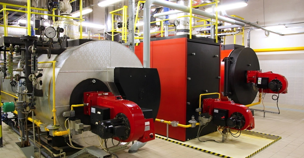 Industriekessel mit roten Brennern in einem Technikraum eingerichtet mit gelben und silbernen Rohrleitungen viele Ventile und Messgeräte unter fluoreszierender Beleuchtung.