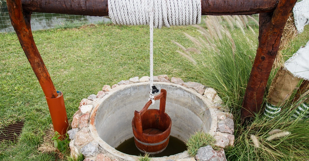 Brunnen mit Holzeimer hängt an Seil im gemauerten Schacht in einem Garten mit grünem Gras und Pflanzen im Hintergrund.